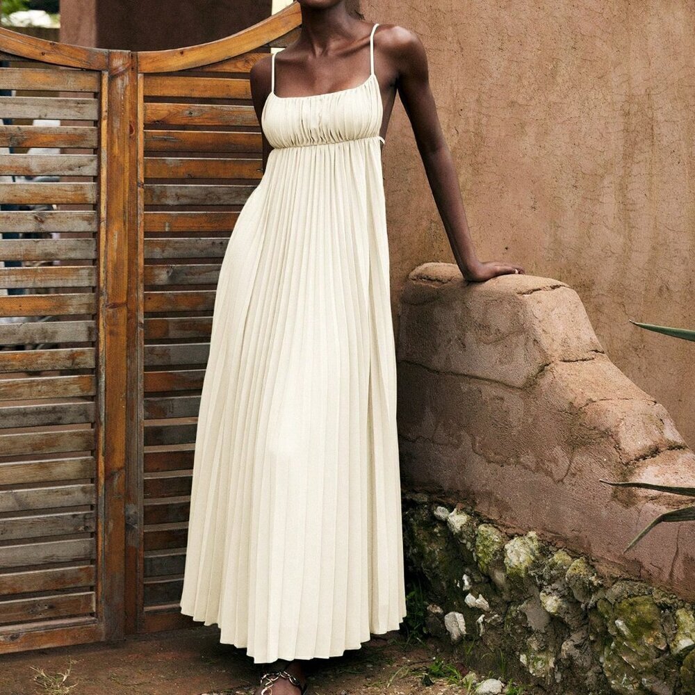 Beige Sexy Women's Loose Design Linen-Color Shirt Collar Pleated Midi Dress - Picture 2 of 9